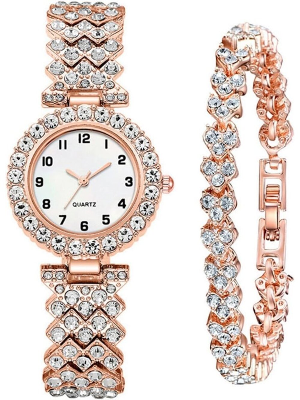 Women's Rose Gold Analog Fashion Diamond Bangle Bracelet Set Luxury Wrist Watch